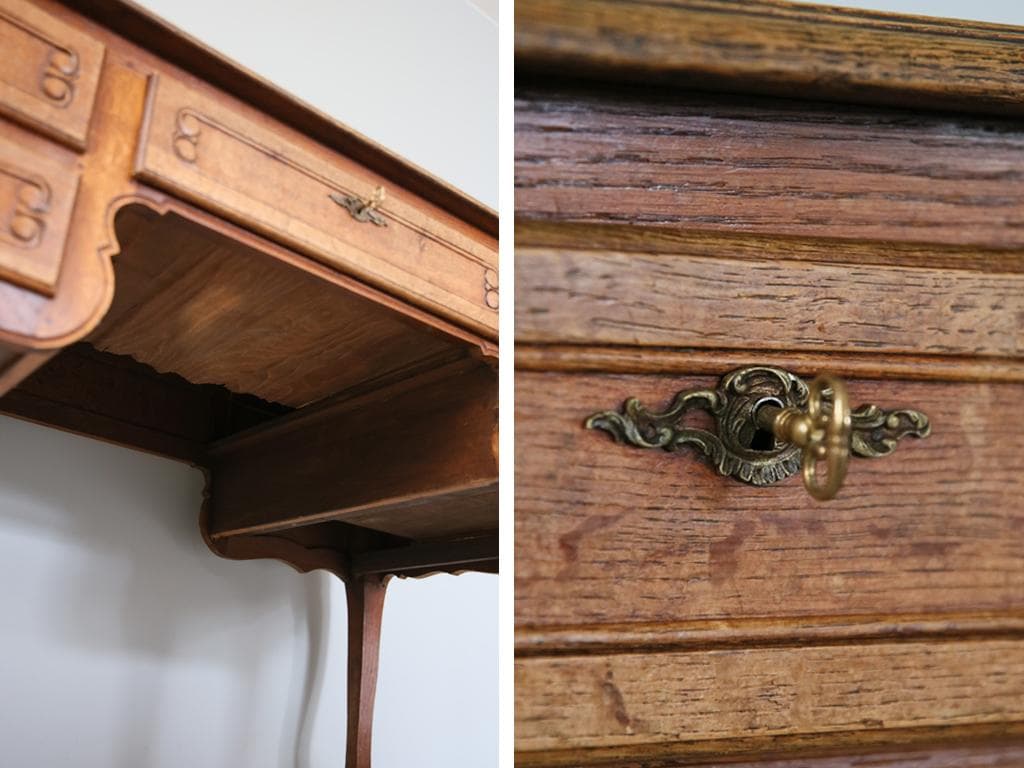 フランスアンティーク猫脚の両袖デスク/勉強机/木製テーブル/作業台(90-147