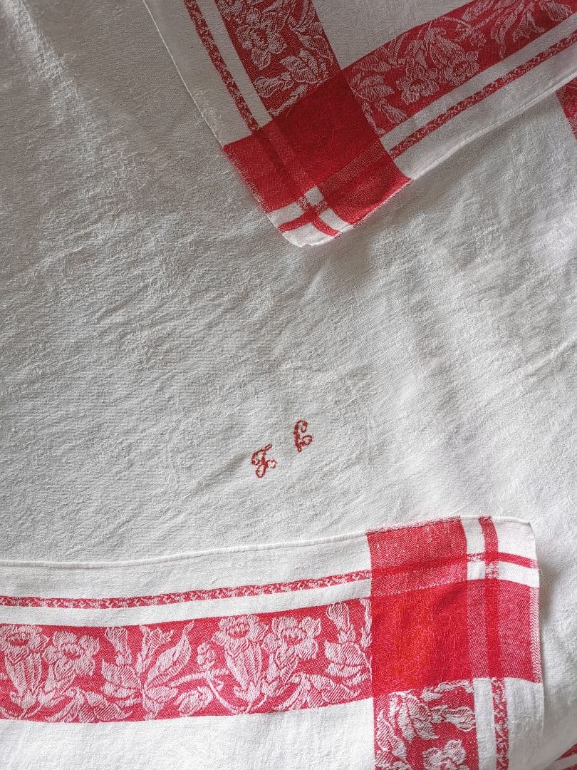 アンティーク ダマスクリネン 風鈴草 釣鐘草 百合の大判クロス フランス購入