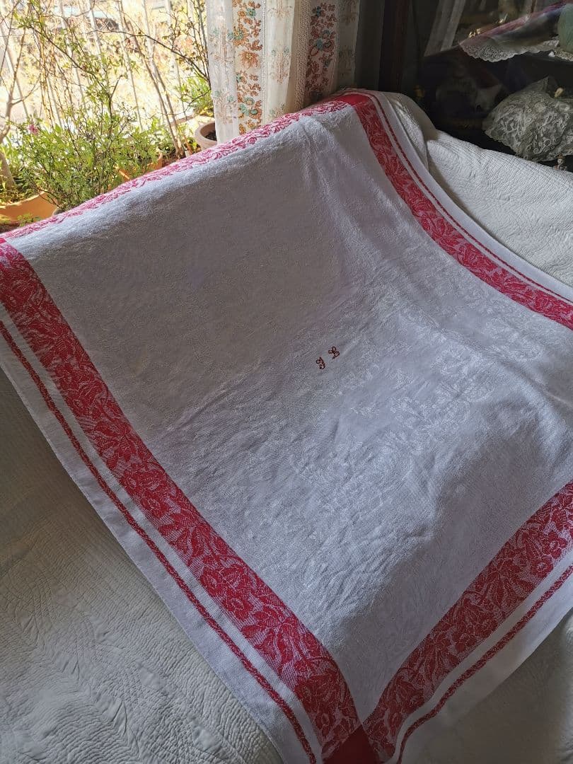 アンティーク ダマスクリネン 風鈴草 釣鐘草 百合の大判クロス フランス購入