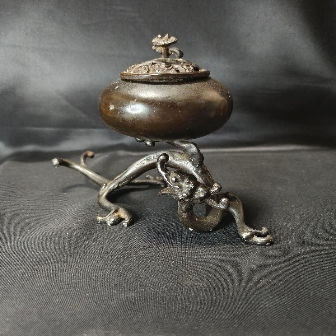 茶道具 茶香炉 唐銅置物 中国骨董 盤竜座 祥雲霊芝蓋 古美術 コレクター放出