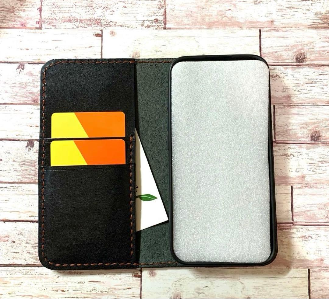2枚ポケット付き　栃木レザー　ブラック　iPhoneケース　本革　手帳型
