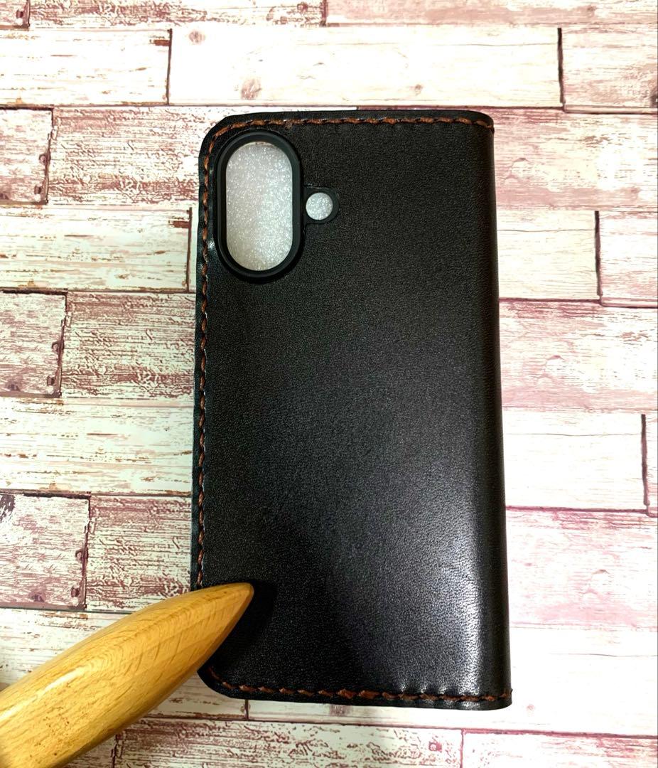 2枚ポケット付き　栃木レザー　ブラック　iPhoneケース　本革　手帳型