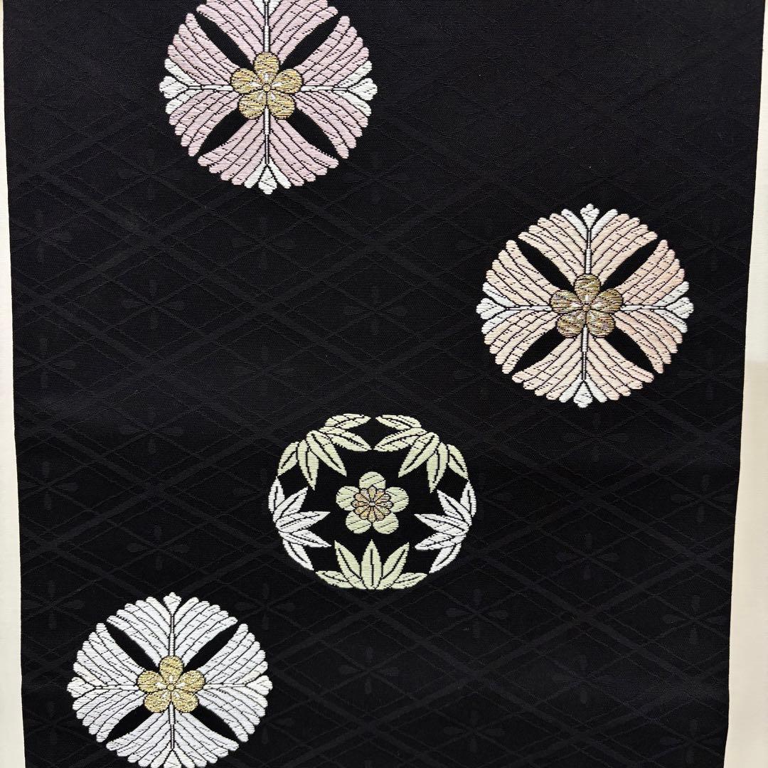 【美品】名古屋帯　九寸名古屋帯　黒地に丸紋　松竹梅　　カジュアル着物　o1580