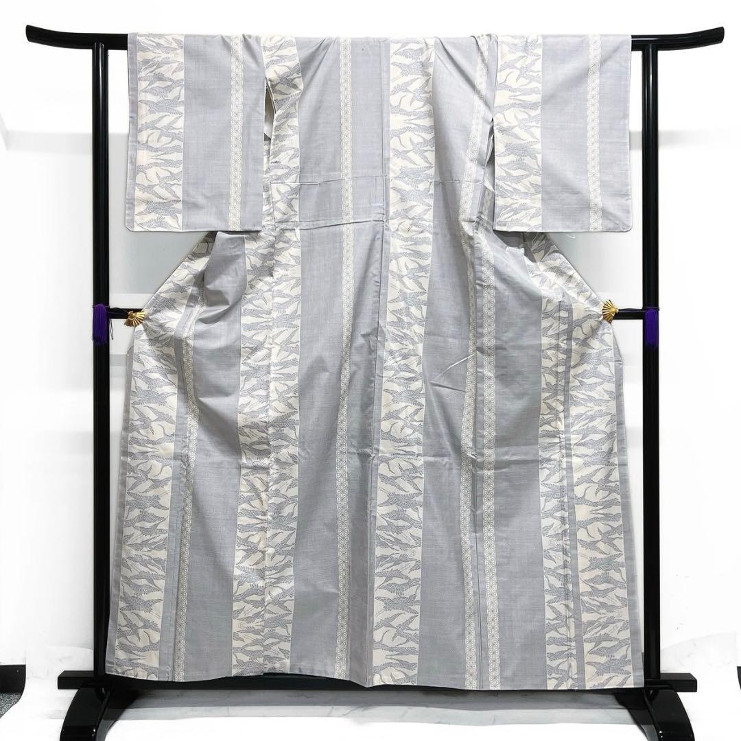 小紋　白大島紬　鶴　縦縞　蜀江紋　ブルー　着物　071a d