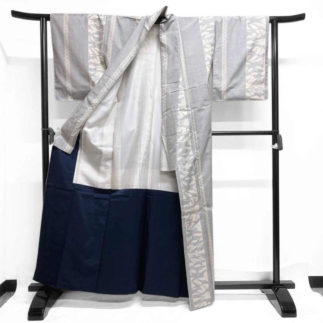 小紋　白大島紬　鶴　縦縞　蜀江紋　ブルー　着物　071a d