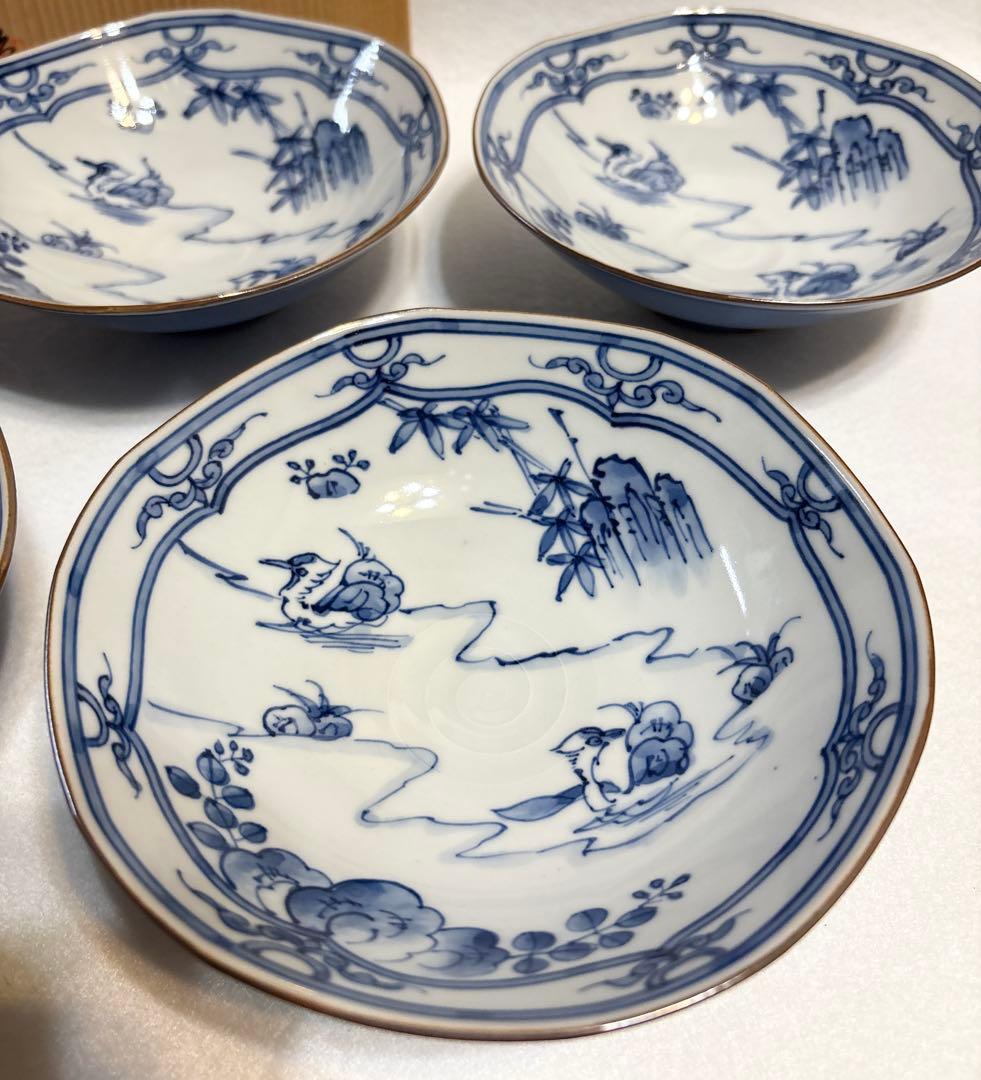 清水焼 平安 竹峰作 染付水鳥 向付 5客 懐石料理 和食 竹峰 鉢 木箱