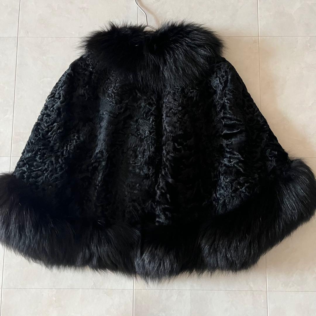 極美品✨フォックスファー× アストラカン　ブラック ケープコート　マントポンチョ