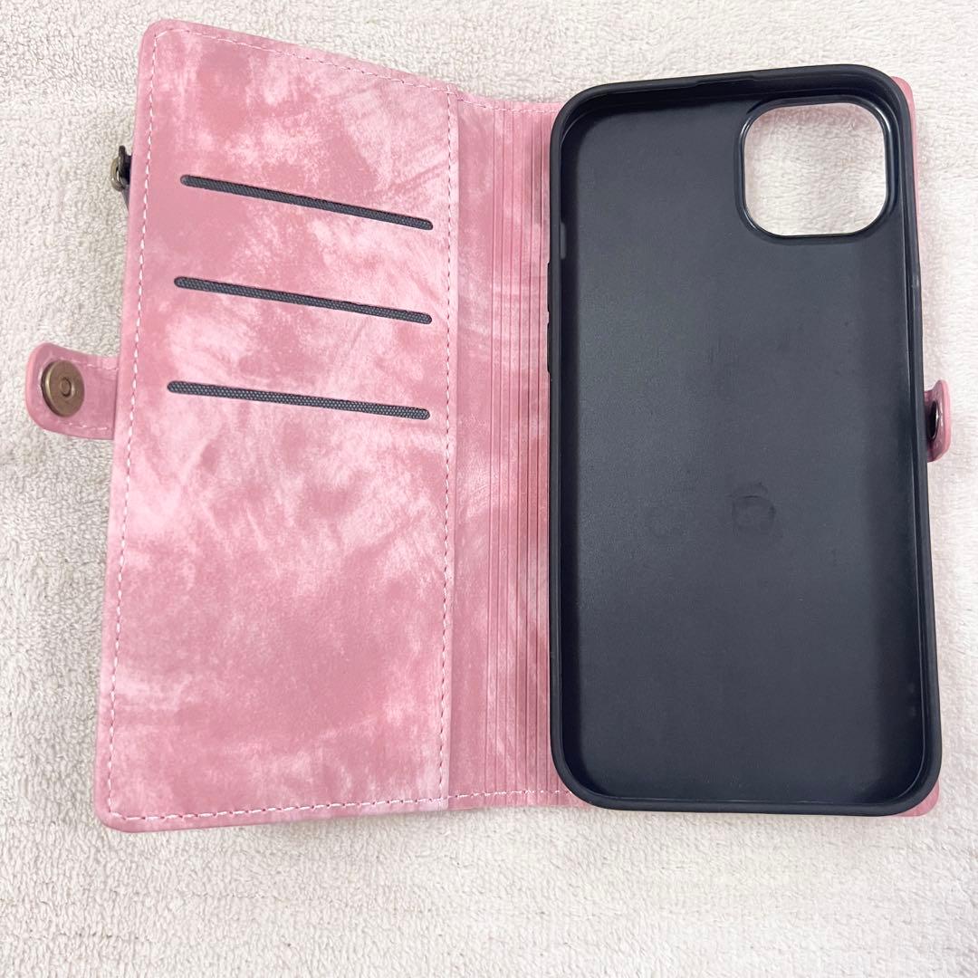 ジッパー付き iPhone 14 Plus ケース ピンク ウォレット 財布
