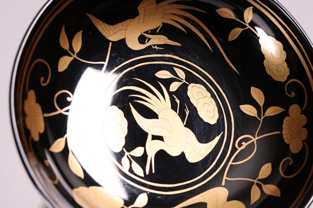 【MA723】木製漆器 長寛写 金蒔絵 黒塗木皿 二十客 吉祥鶴 菓子皿 小皿