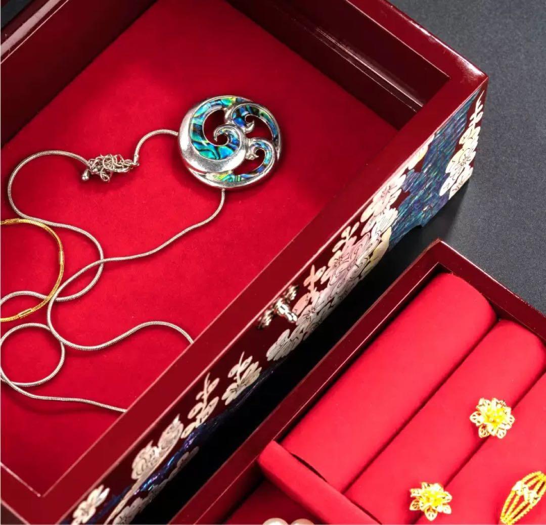 螺鈿細工 ジュエリーボックス 宝石箱木製 漆塗り 梅と鳥赤