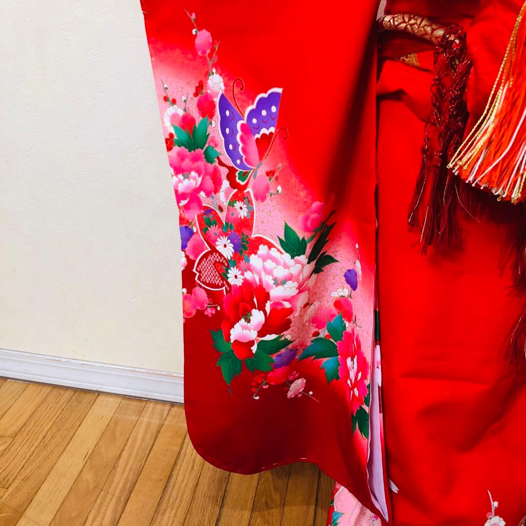 七五三七歳❣️豪華赤地手毬御所車花々金彩⭐︎作り帯楽々⭐︎完全フルセット銘品