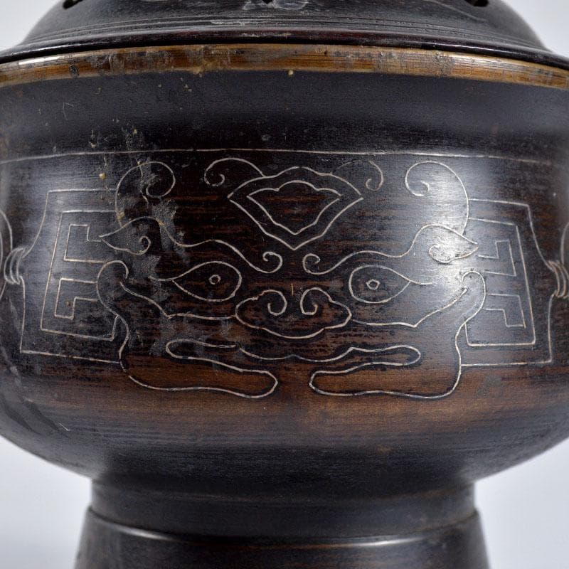 中国　古銅　象嵌神獣文　香炉　透かし唐木蓋　合せ箱　H　R4659