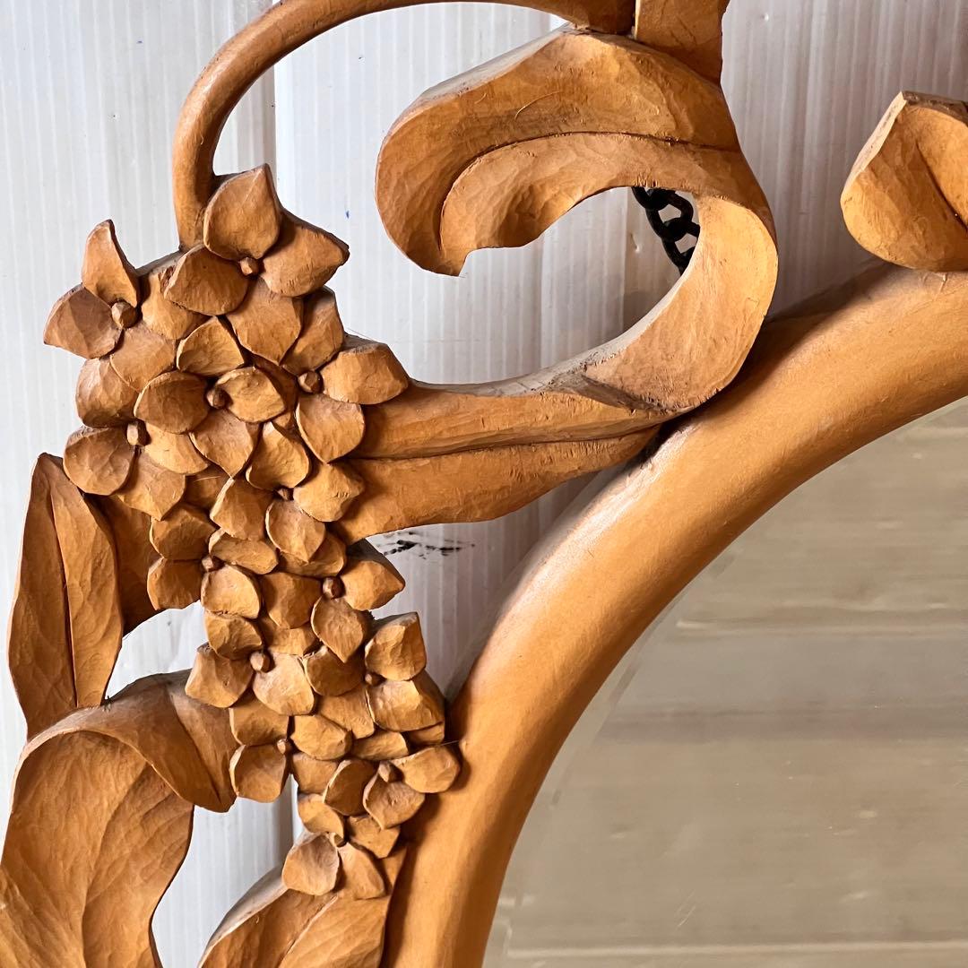 アンティーク　木彫り　掛鏡 花柄　インテリア　レトロ　大きいサイズ　壁掛け