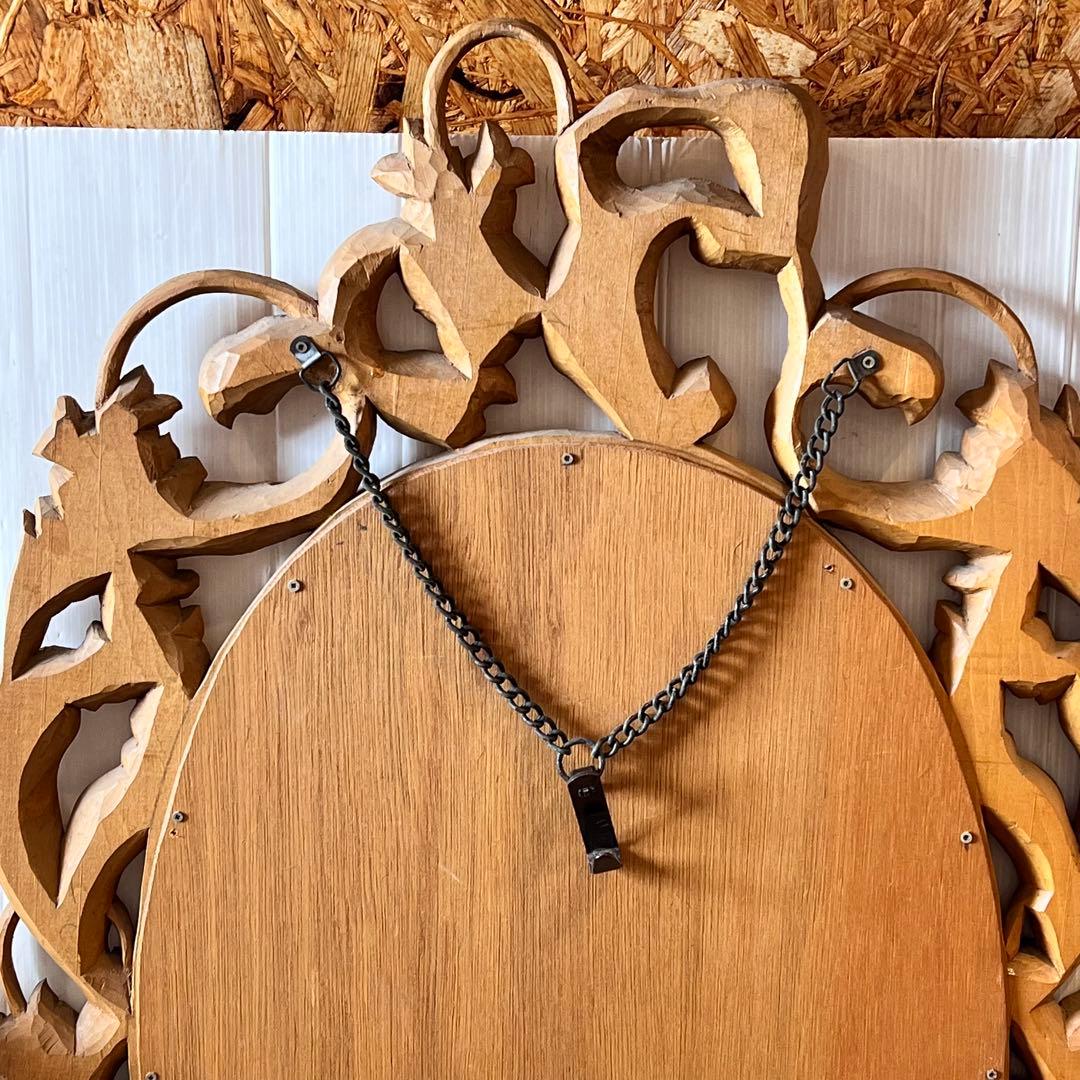 アンティーク　木彫り　掛鏡 花柄　インテリア　レトロ　大きいサイズ　壁掛け