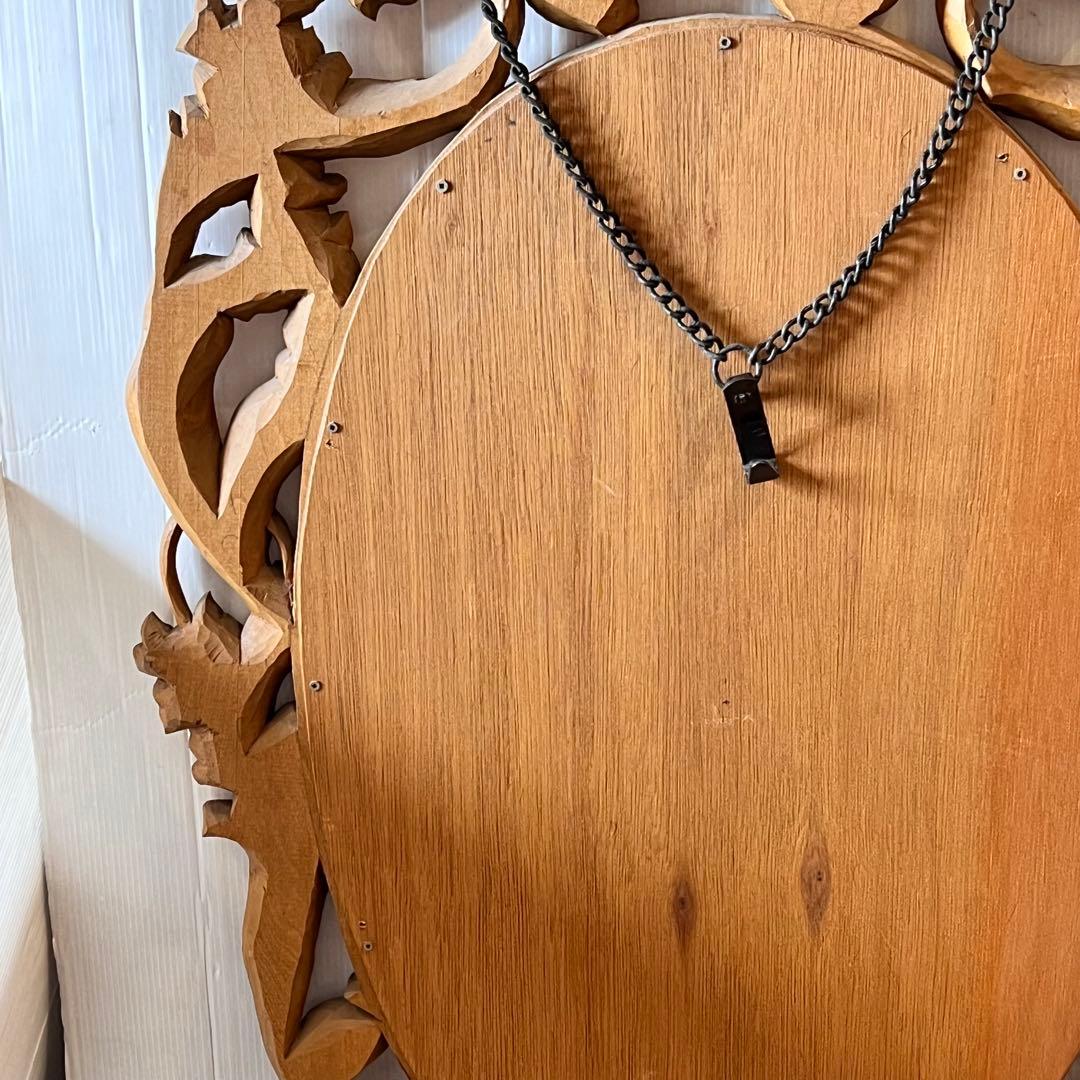 アンティーク　木彫り　掛鏡 花柄　インテリア　レトロ　大きいサイズ　壁掛け