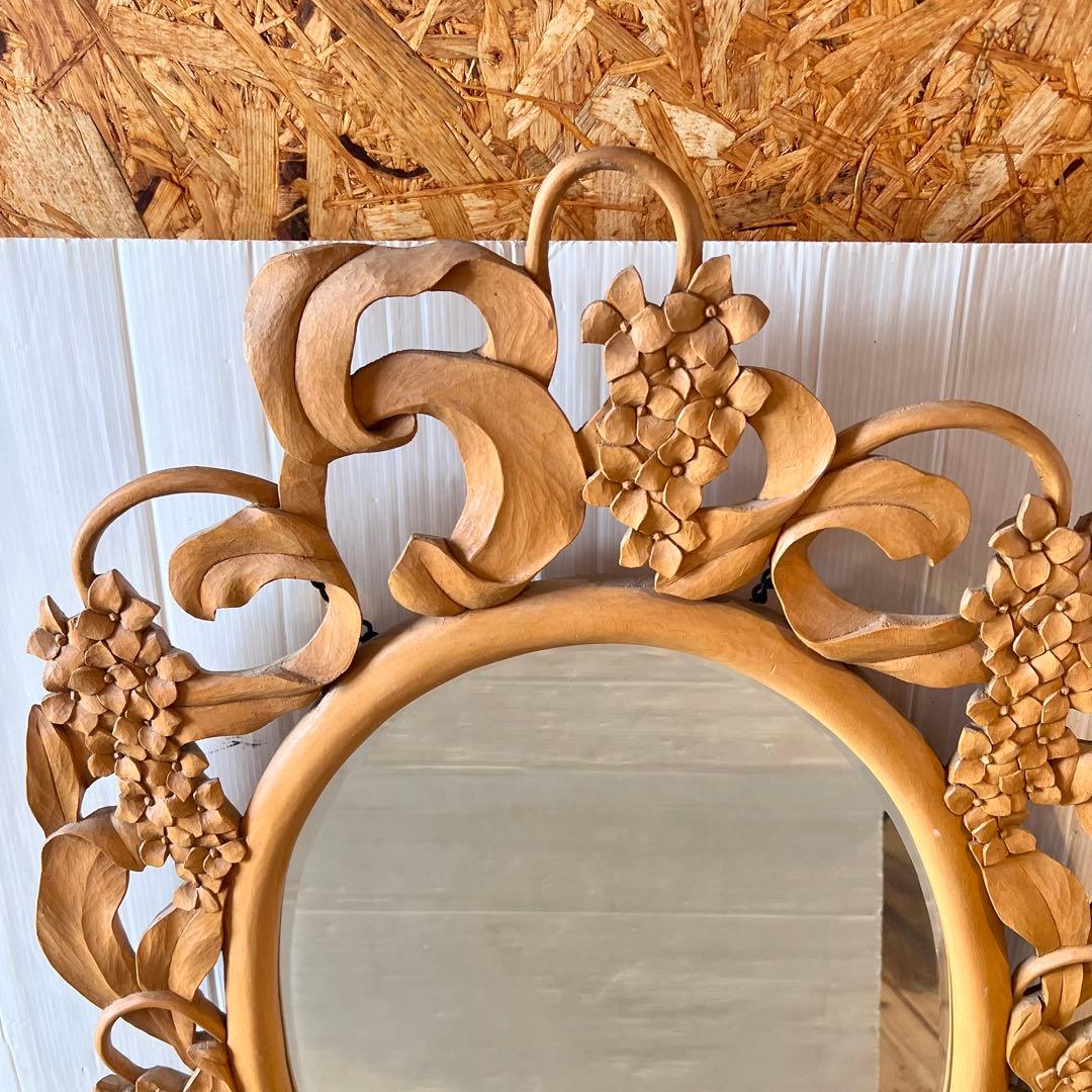 アンティーク　木彫り　掛鏡 花柄　インテリア　レトロ　大きいサイズ　壁掛け