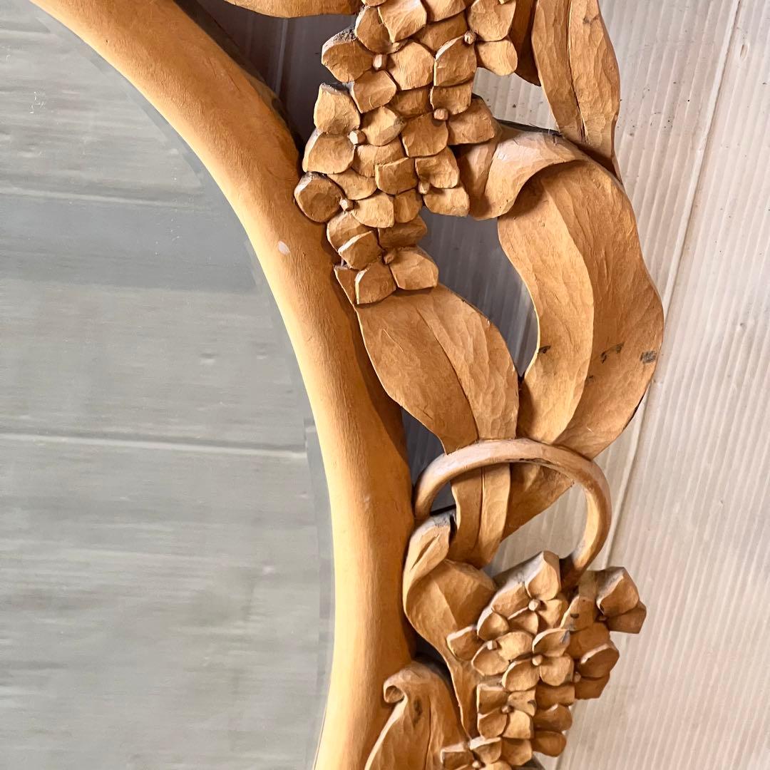 アンティーク　木彫り　掛鏡 花柄　インテリア　レトロ　大きいサイズ　壁掛け