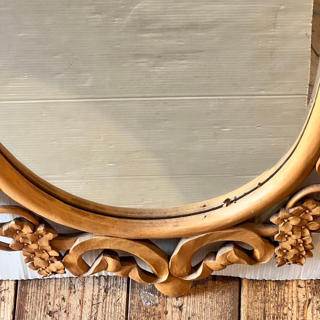 アンティーク　木彫り　掛鏡 花柄　インテリア　レトロ　大きいサイズ　壁掛け