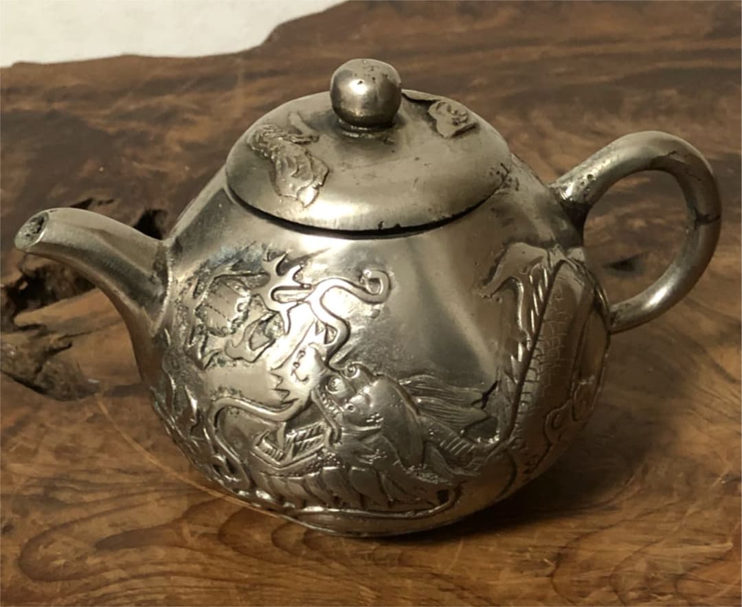 中国美術 古白銅 急須 五本爪龍遊刻 436㌘