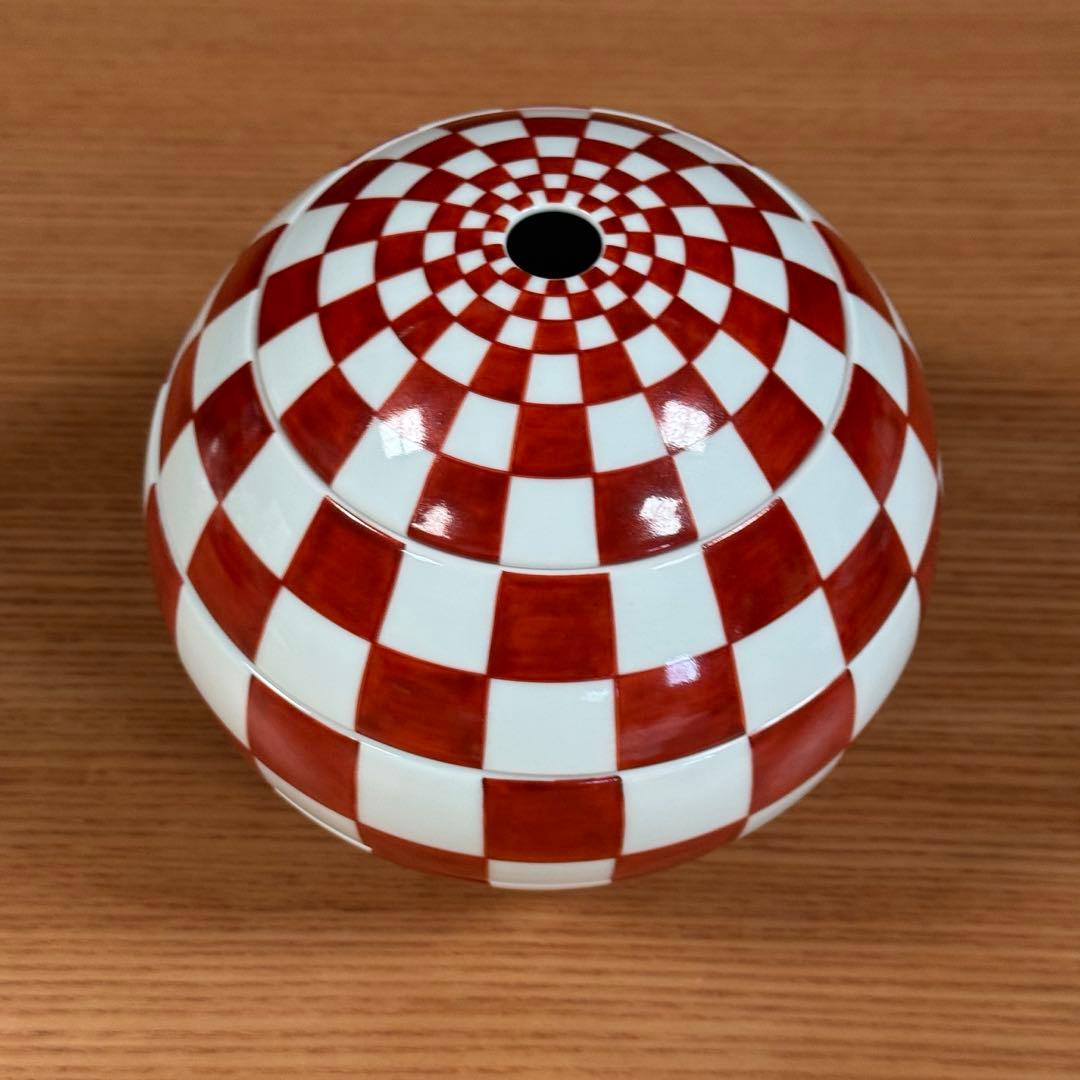 有田焼 李荘窯：赤絵市松文（混柄） 珠型三段重☆