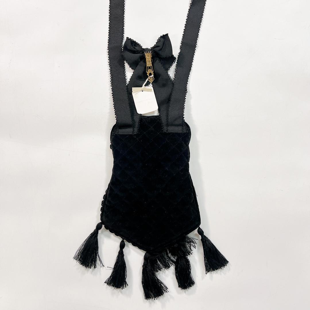 美品 KANEKO ISAO ひょうたん ポシェット ベロア 黒 リボン レース