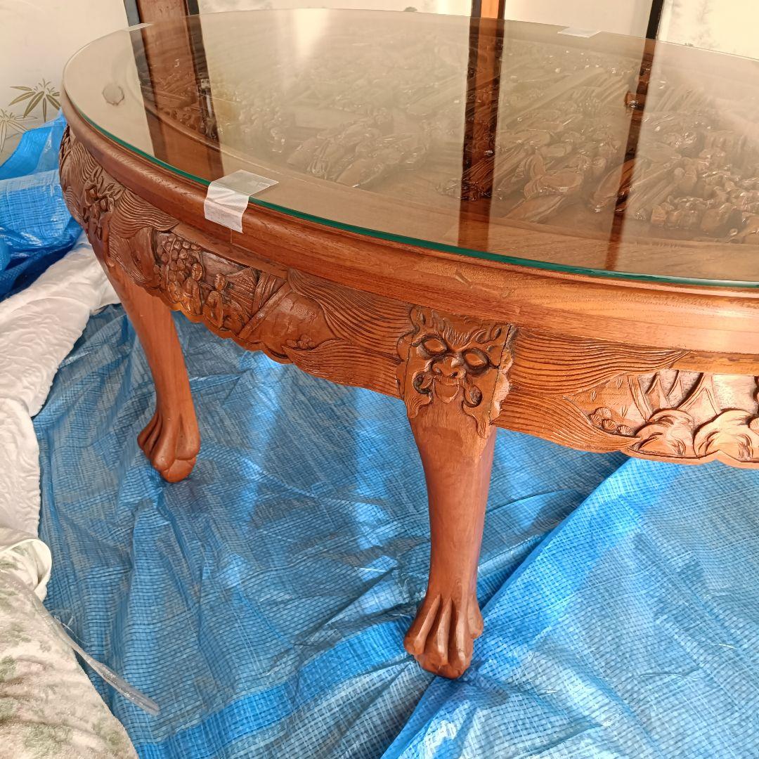 木彫り 座卓 ローテーブル 楕円 ガラス天板 中国美術 アンティーク　アジアン