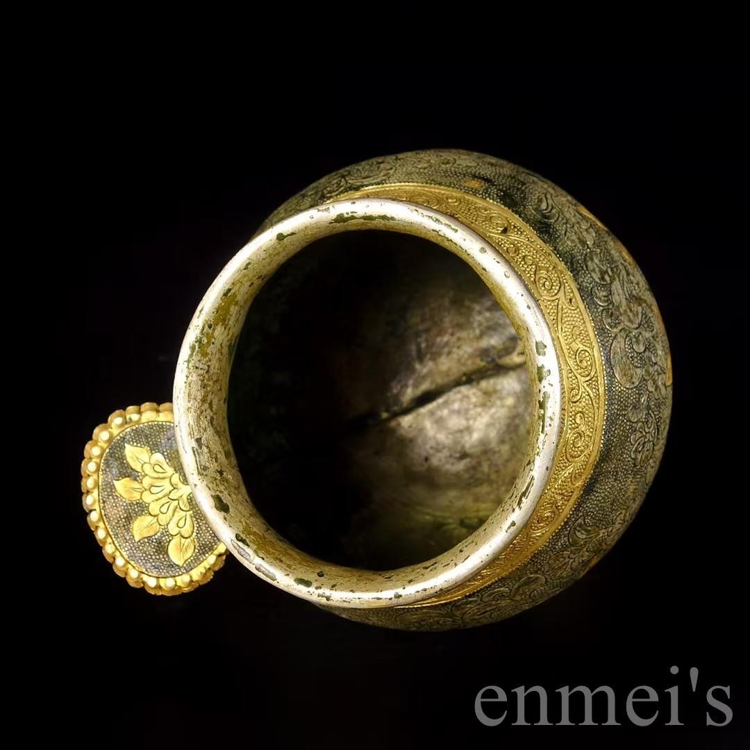 中国古美術 唐風 描金 純銅製 鏨刻罐 供物器 細密細工 置物 賞物 擺件 唐物