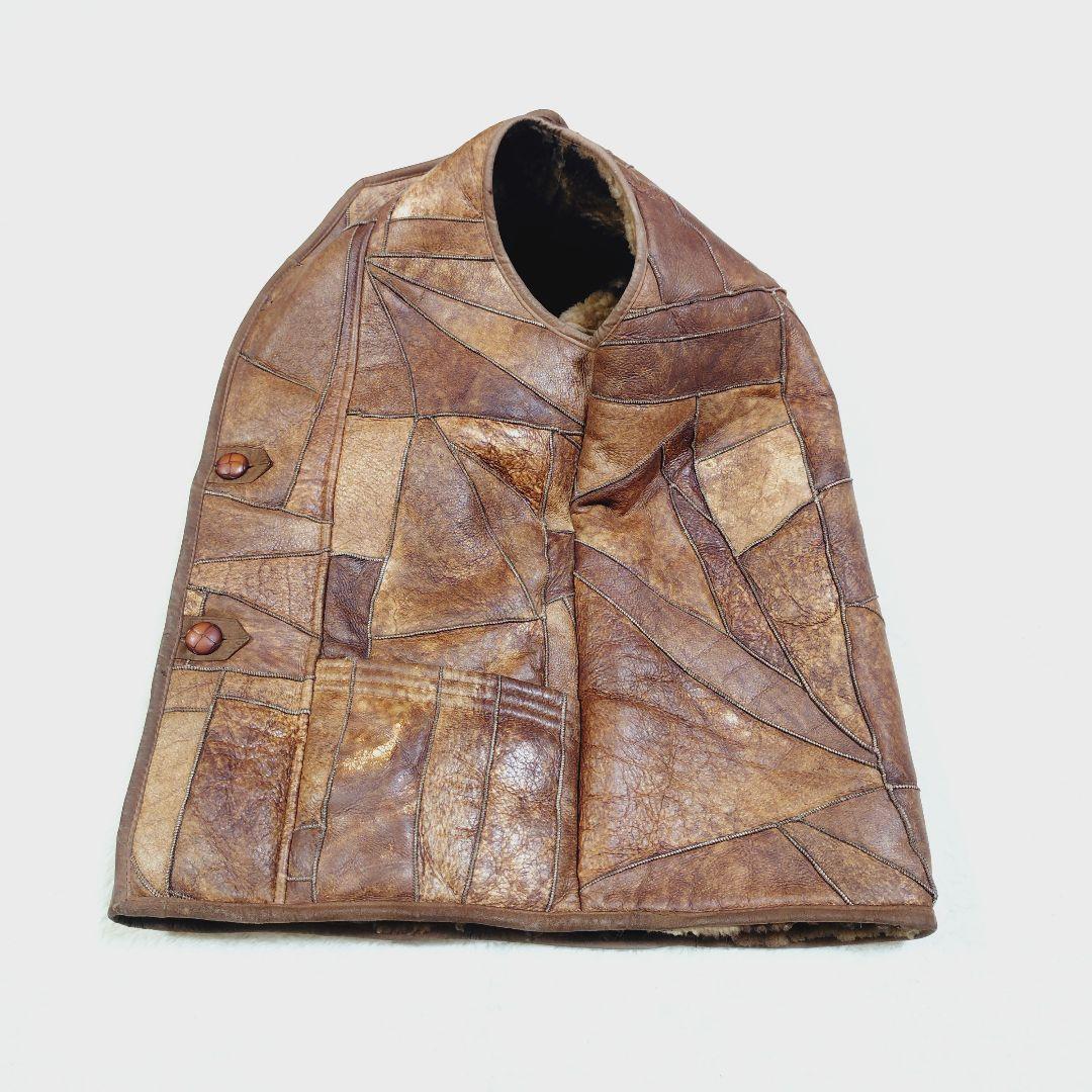 シープスキン 内ボア パッチワーク ベスト くるみボタン ヴィンテージ Lサイズ