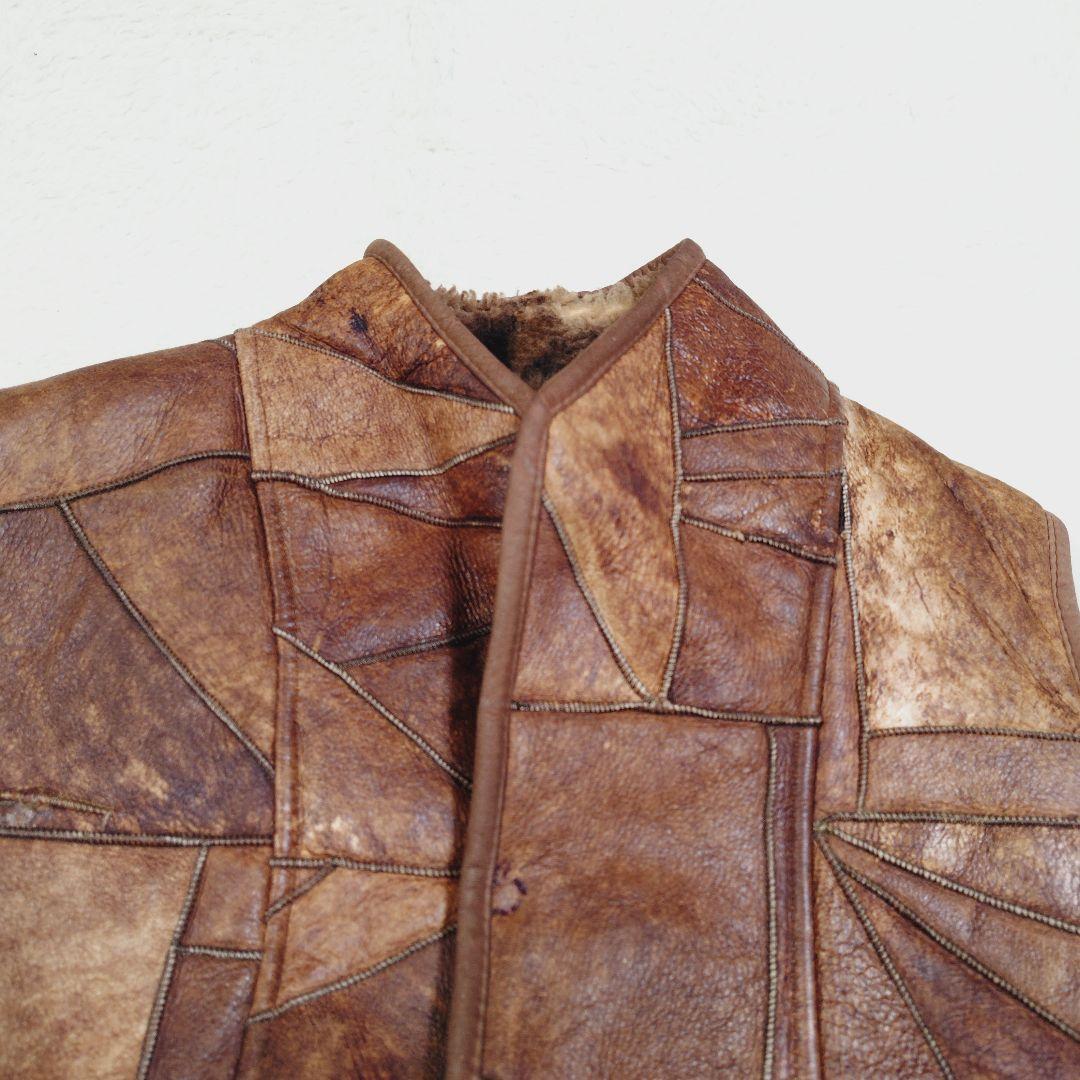 シープスキン 内ボア パッチワーク ベスト くるみボタン ヴィンテージ Lサイズ