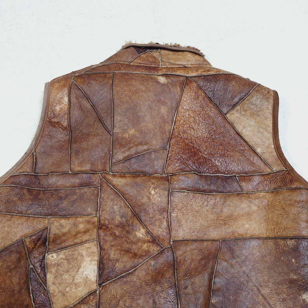 シープスキン 内ボア パッチワーク ベスト くるみボタン ヴィンテージ Lサイズ