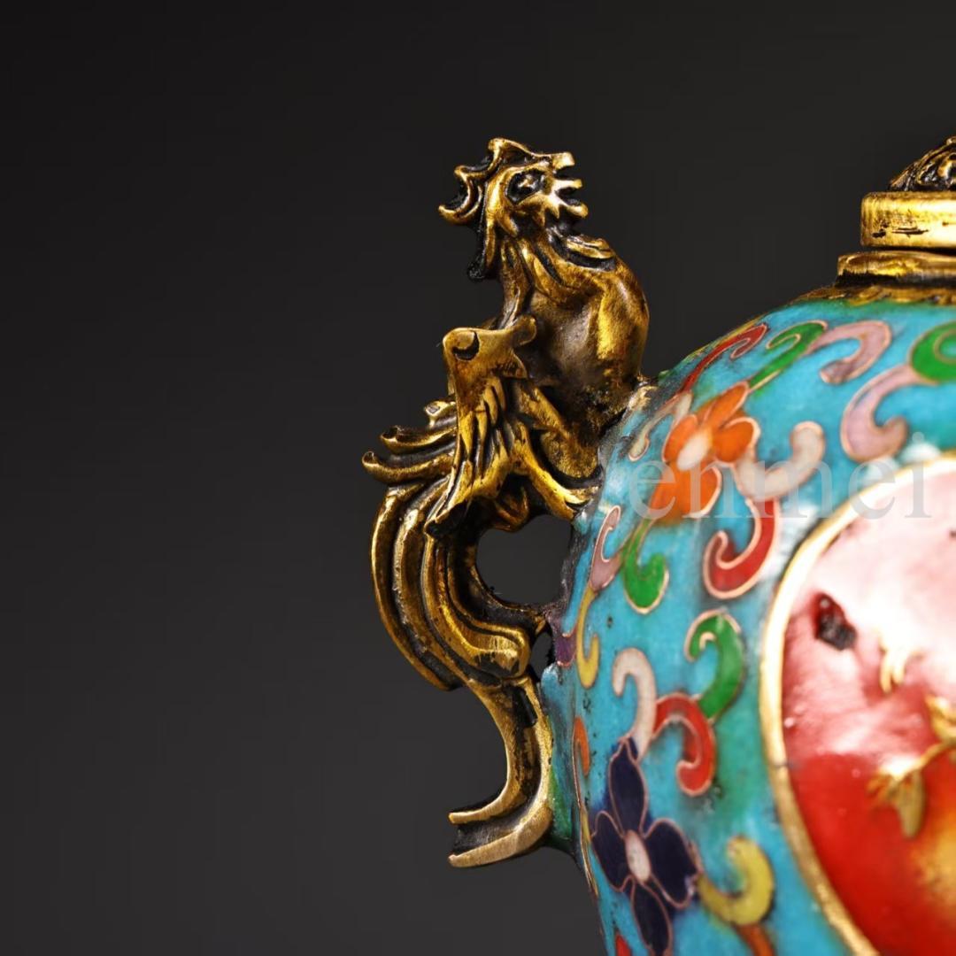 珍品旧藏・赤青琺瑯装飾双対香炉・高浮彫鏨刻・鎏金鳳鳥浮彫付き・純銅製・置物・風水