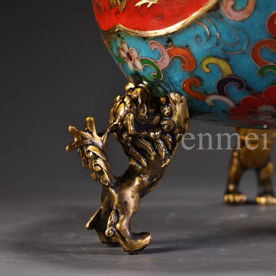 珍品旧藏・赤青琺瑯装飾双対香炉・高浮彫鏨刻・鎏金鳳鳥浮彫付き・純銅製・置物・風水