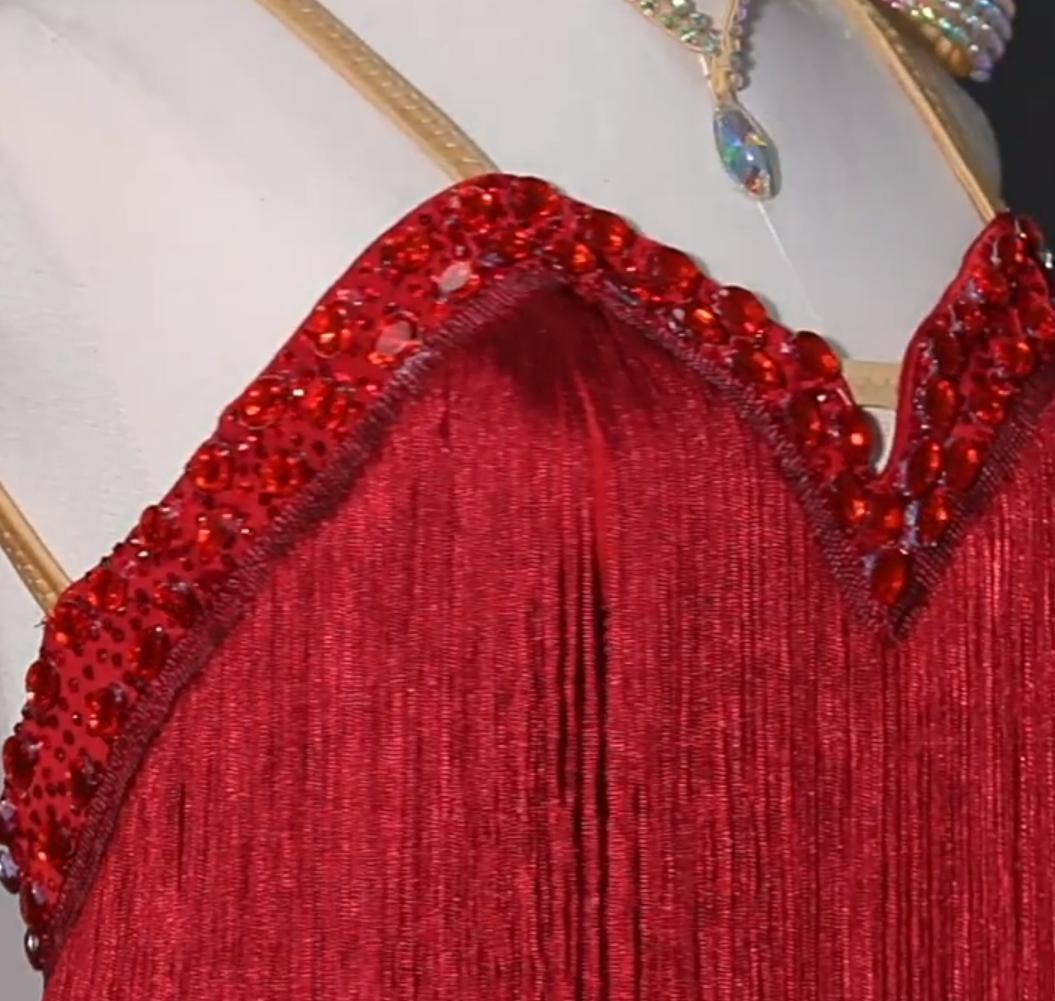 社交ダンス衣装 ラテンワンピース フリンジドレス ワインレッド オーダーメイド