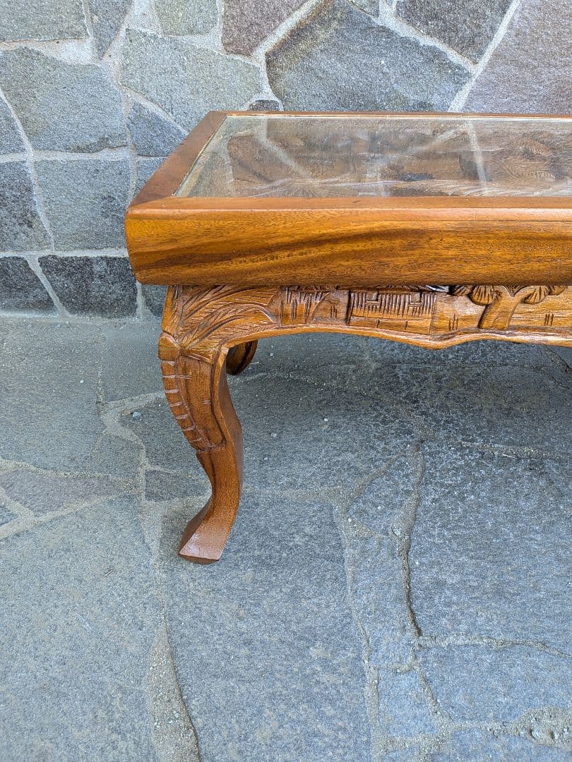 アジアンスタイル 木製彫刻テーブル ガラス天板付き