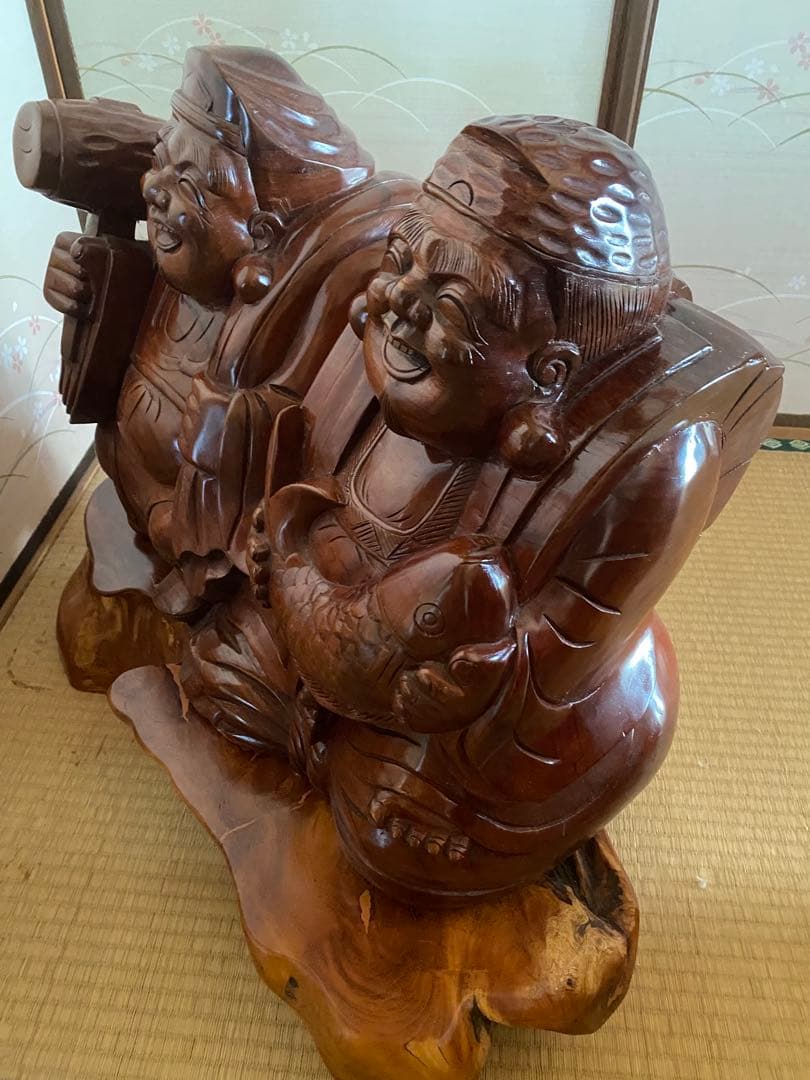 恵比寿と大黒天の木像　七福神　商売繁盛　大漁　財福　骨董　台座付　特大