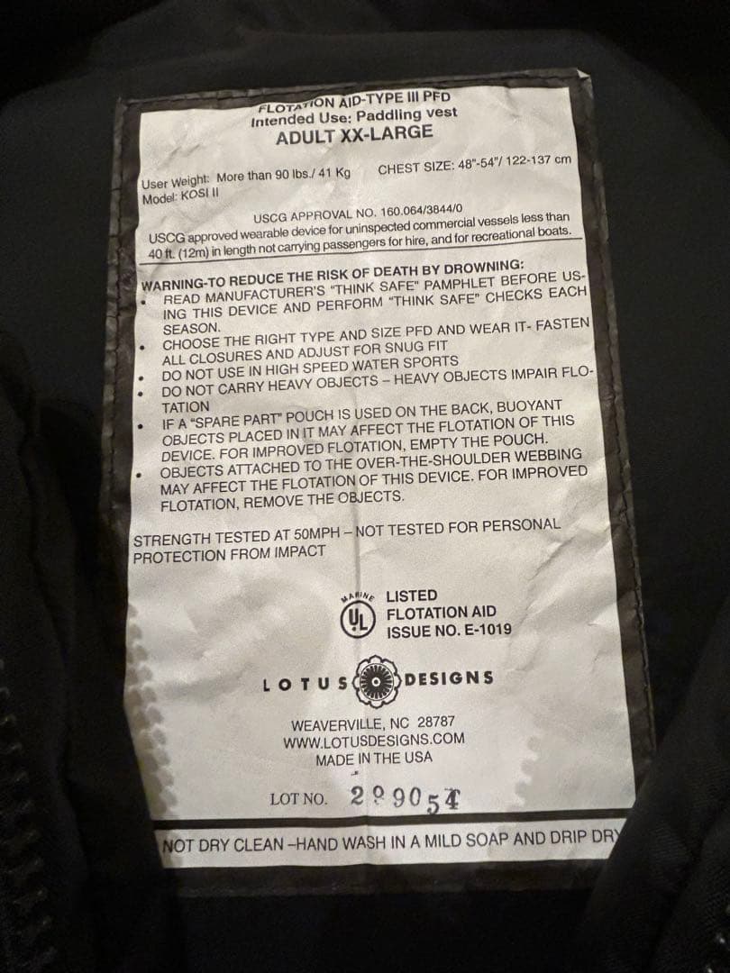 物価価格高騰　Lotus Designs XX-Large PFD