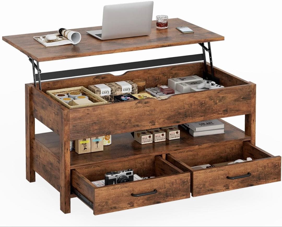 ローテーブル 昇降式 木製 コーヒーテーブル 引き出し付き 収納付き センター