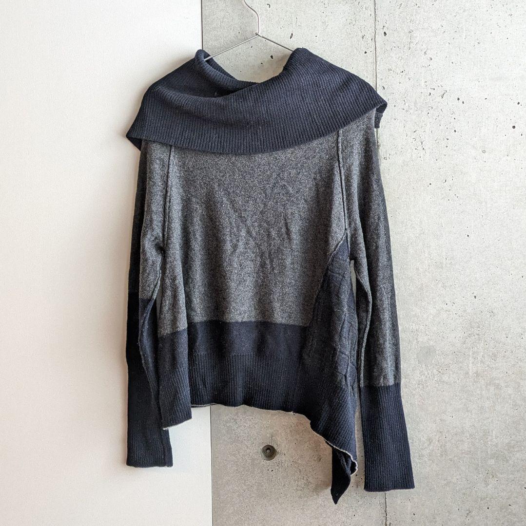 Y's アシンメトリー ウールニットカーディガン グレー×ネイビー