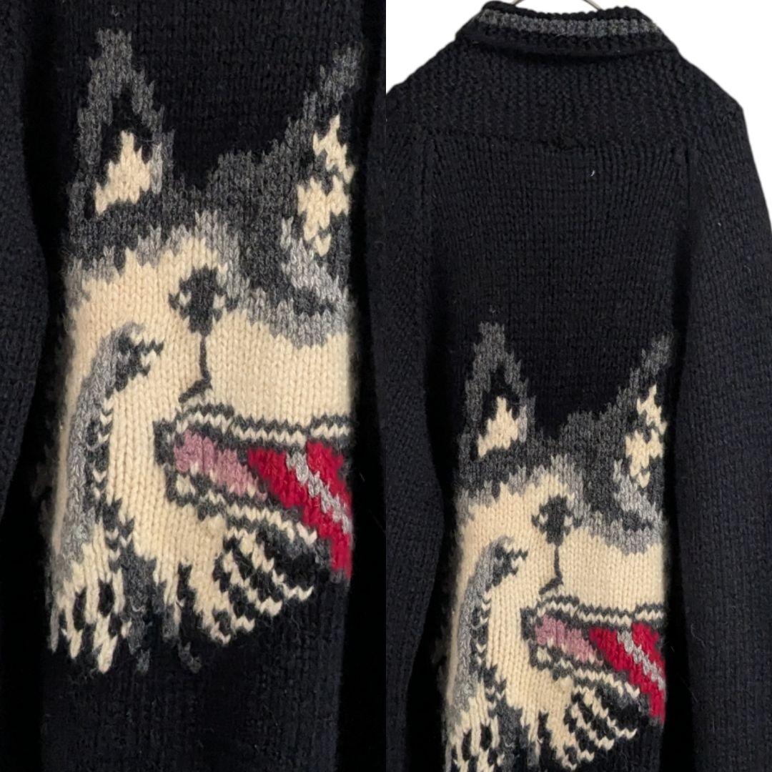 Vintage古着　80s　狼オオカミウルフ　カウチンニット　ジップアップ　犬