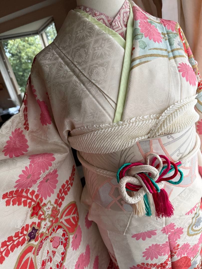 振袖フルセット アイボリー×ピンク×コーラル×ペールブルー×ゴールド 古典柄