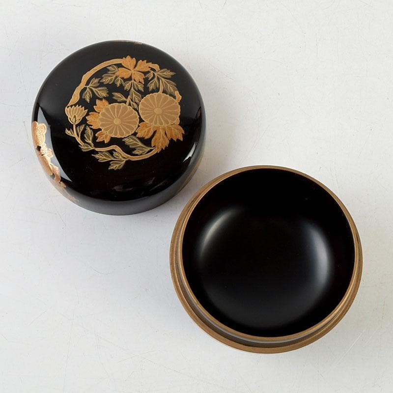 茶道具　塗匠　哲山作　花丸菊花蒔絵　平大棗　共箱　V　9354