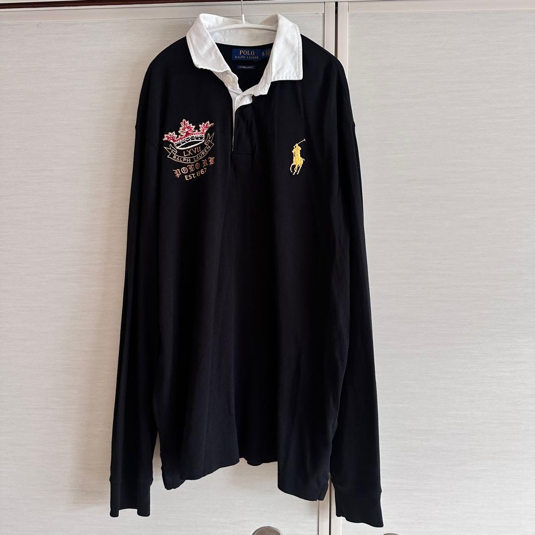 【ポロラルフローレン】ラガーシャツ ブラック　ゴールド 刺繍 ビッグポニー XL