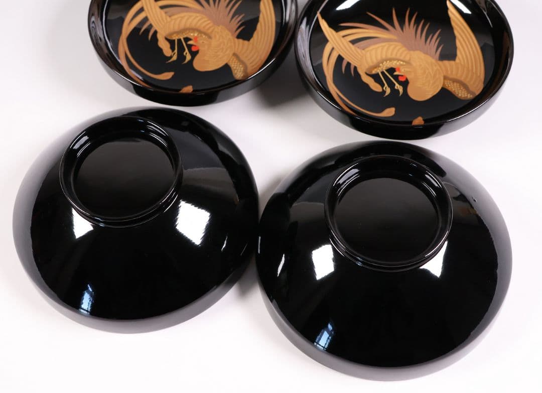 【CM400】天然木漆塗 菊桐鳳凰金蒔絵 黒塗 吸物椀 二客 昭和期 木製漆器