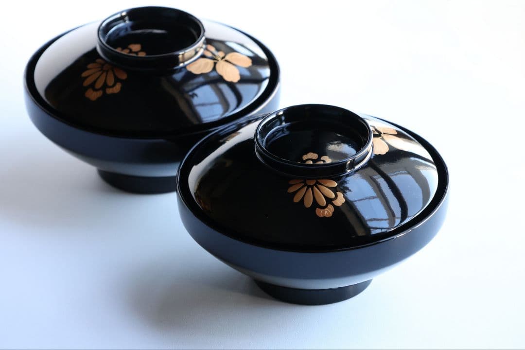 【CM400】天然木漆塗 菊桐鳳凰金蒔絵 黒塗 吸物椀 二客 昭和期 木製漆器