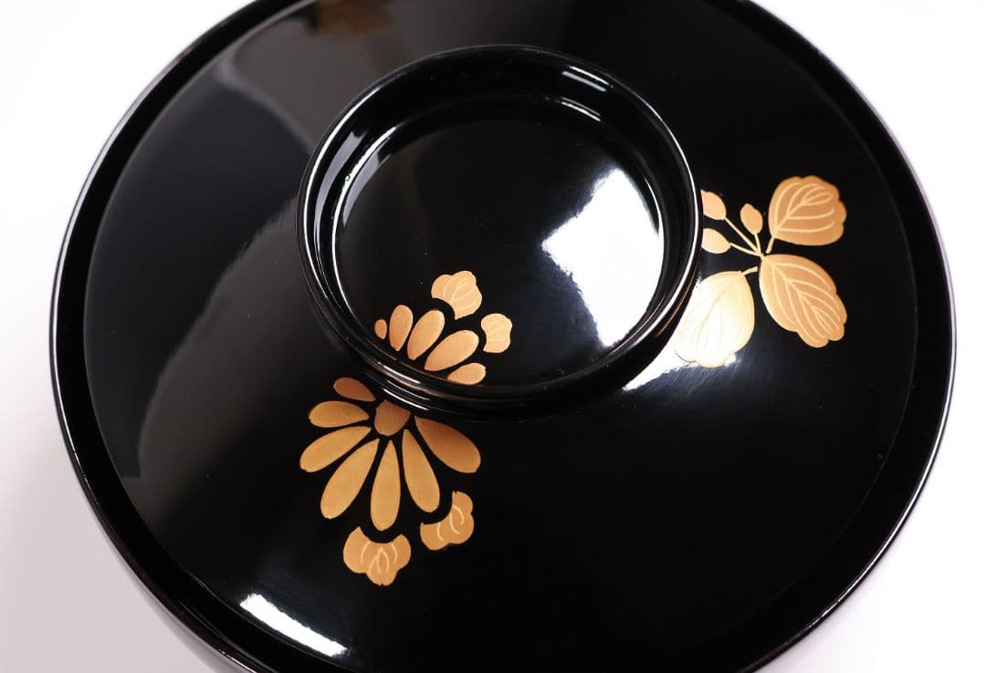 【CM400】天然木漆塗 菊桐鳳凰金蒔絵 黒塗 吸物椀 二客 昭和期 木製漆器