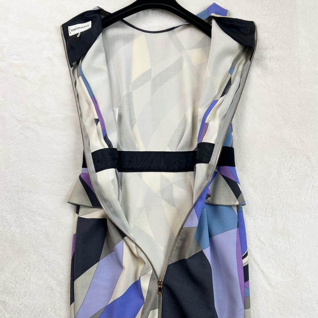美品【エミリオプッチ】ウールウエストフリルノースリーブワンピース☆幾何学柄☆L