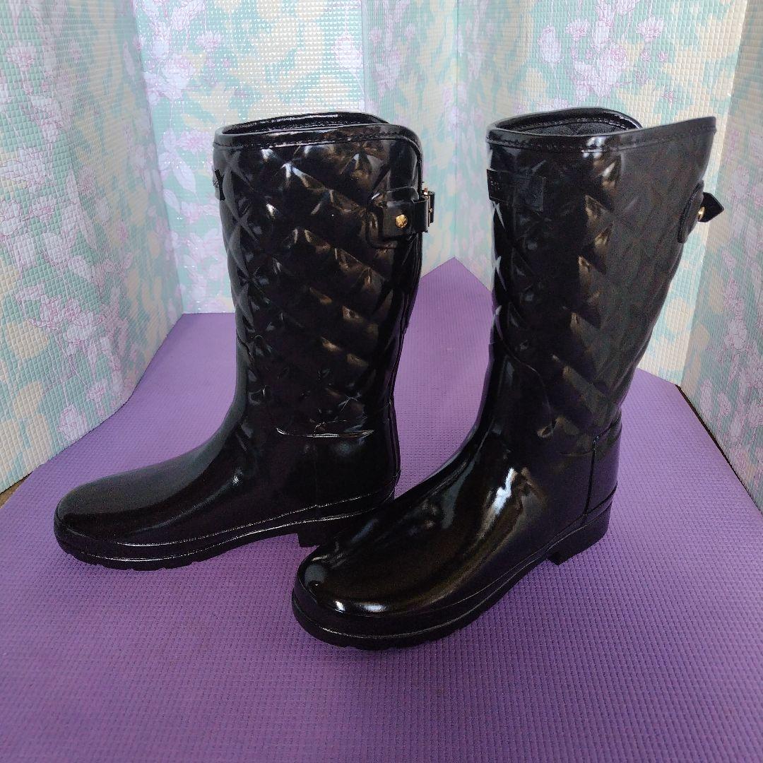 キルティングデザイン ブラックロングブーツ