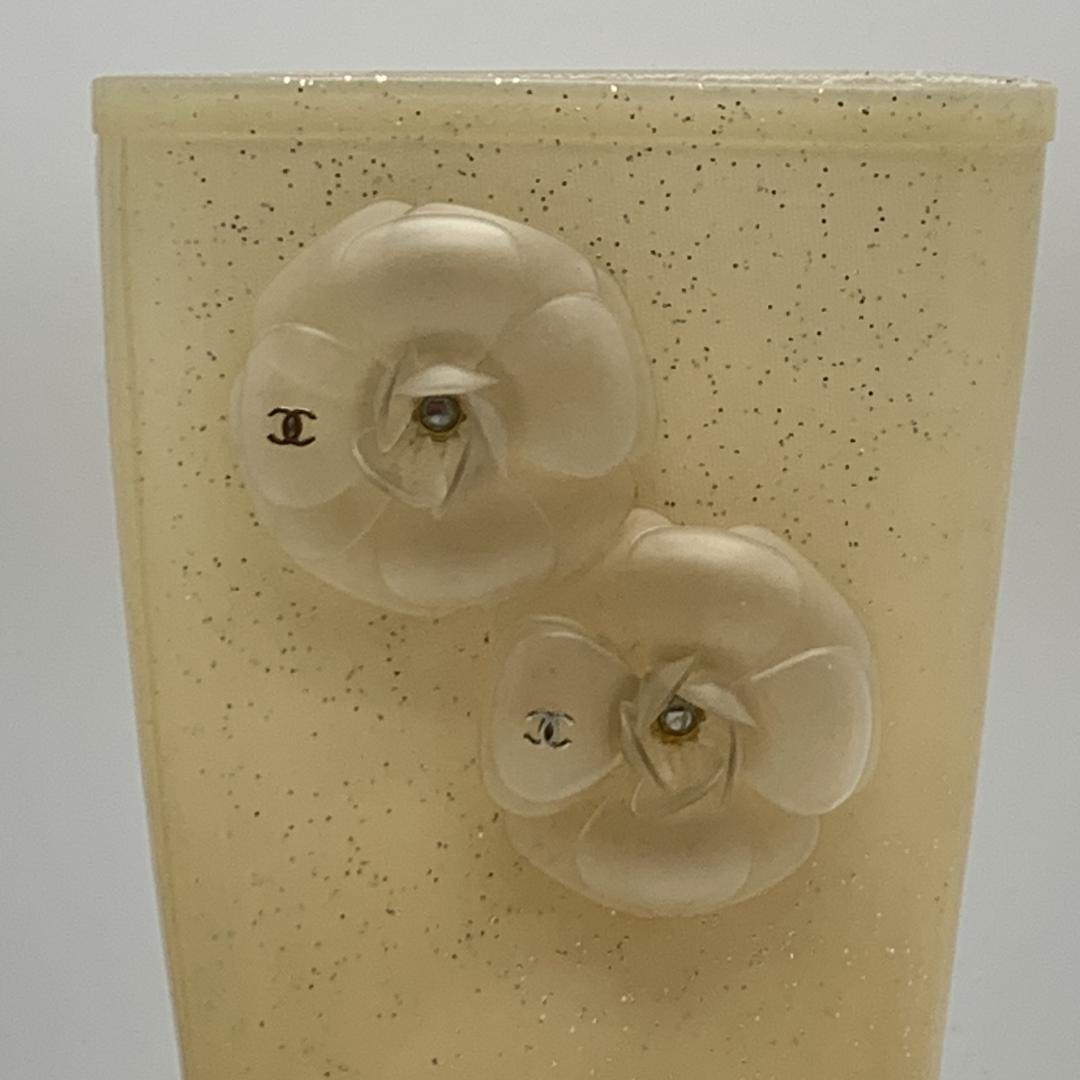 シャネル カメリア装飾 ココマーク ラメ レインブーツ サイズ39 ホワイト