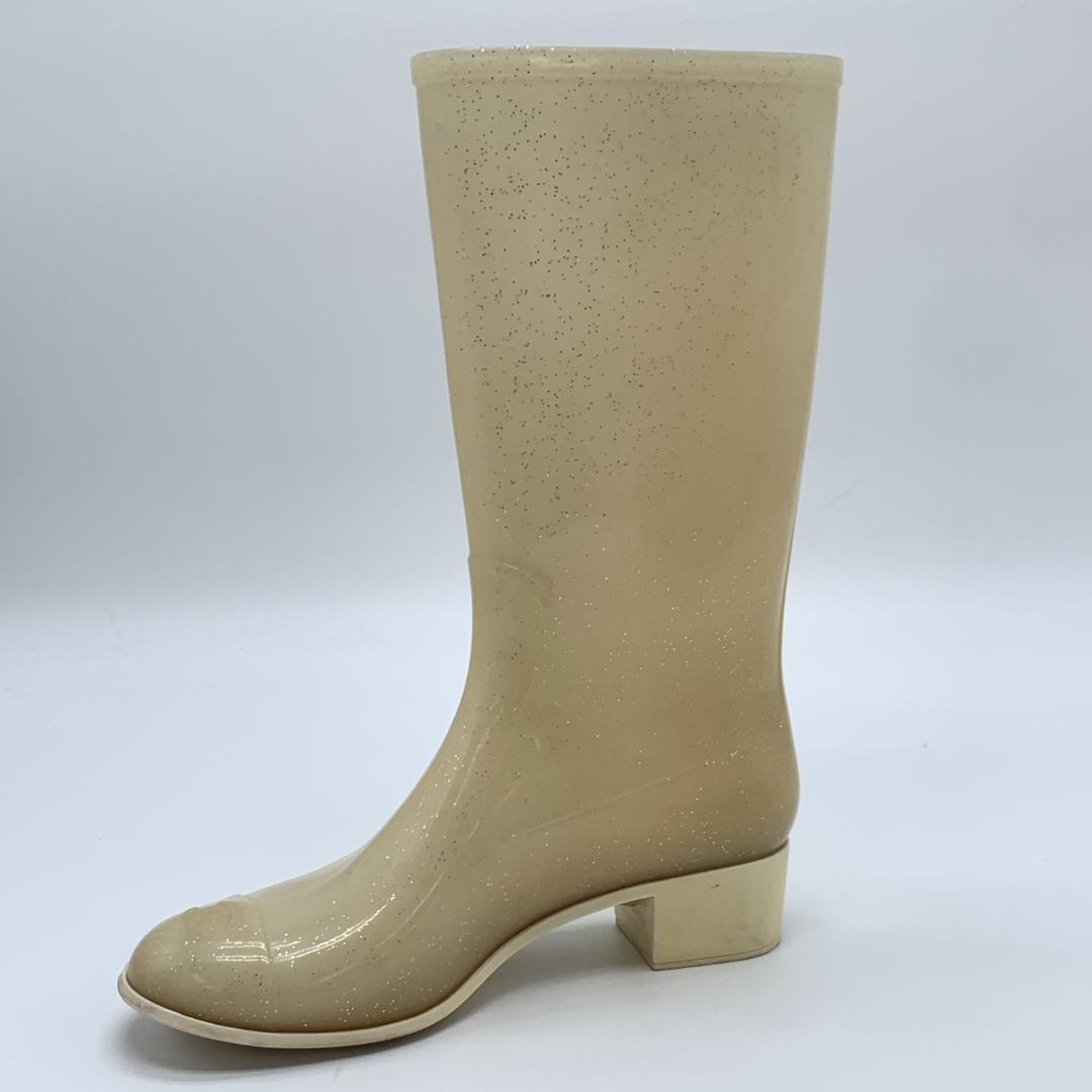 シャネル カメリア装飾 ココマーク ラメ レインブーツ サイズ39 ホワイト