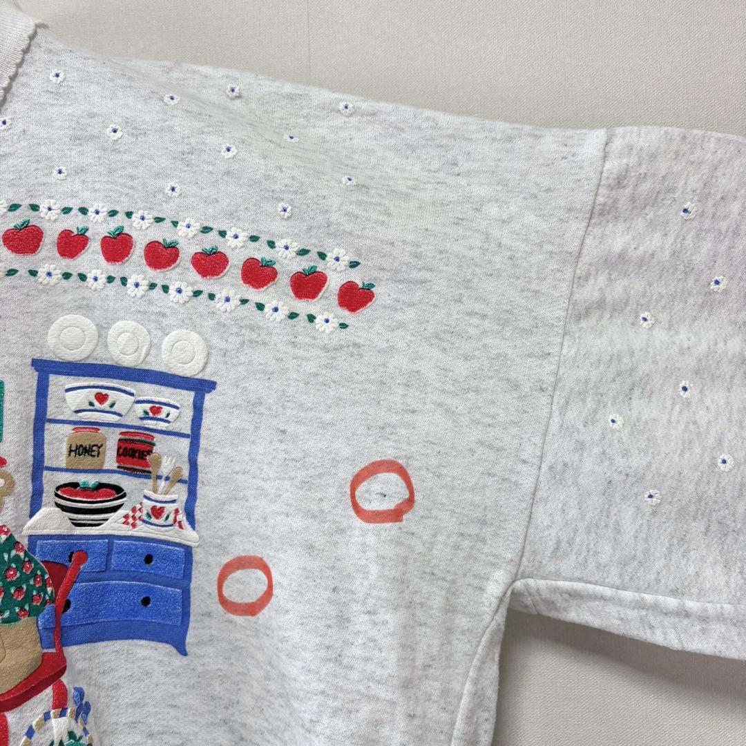 USAvintageアメリカ古着発泡プリントくまちゃんりんごお花襟付きスウェット